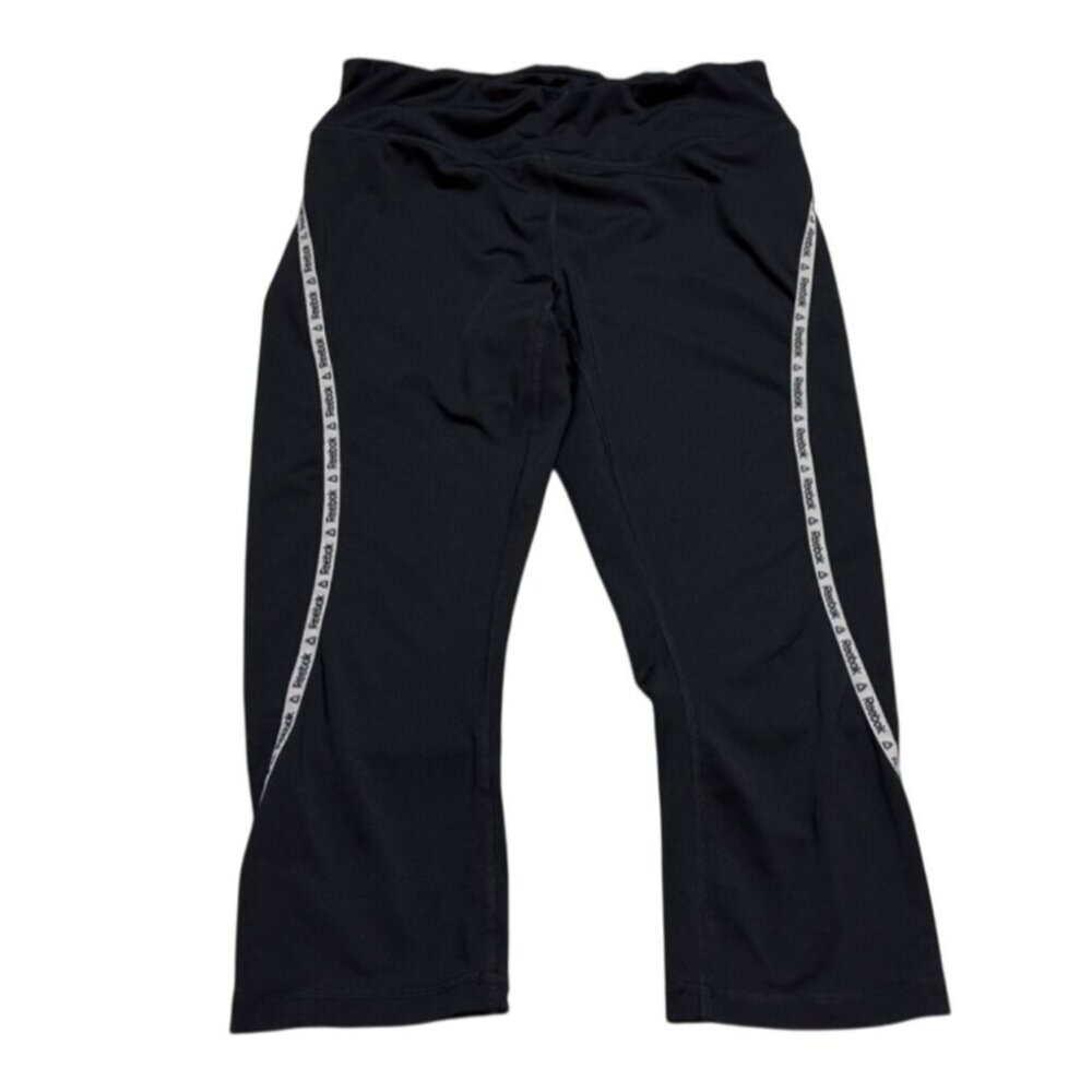 Reebok Black Capri Leggings Size M Moisture Wicking Yoga Pants Identity Tape